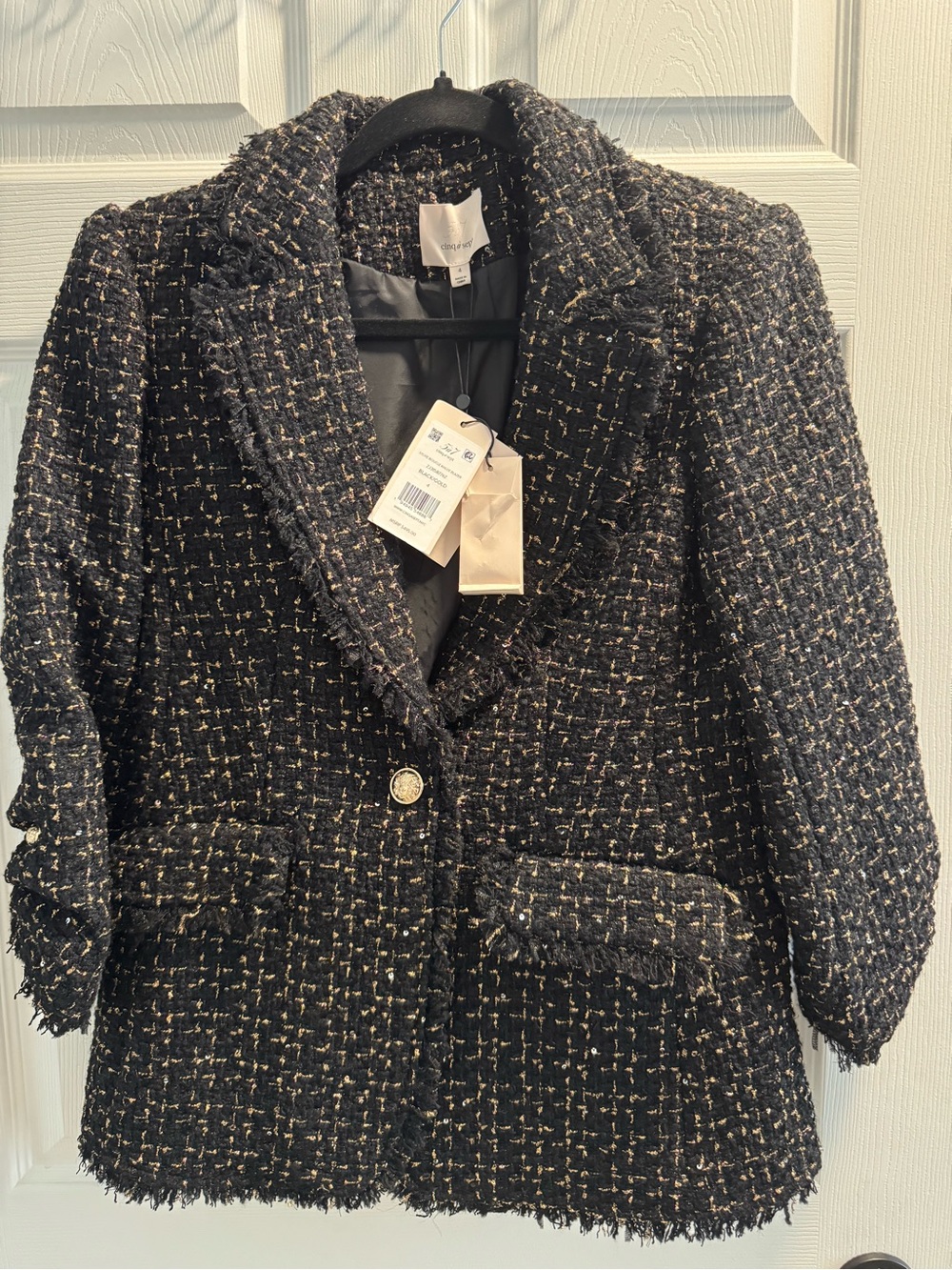 NWT cinq a sept Black & Gold Tweed Blazer with Metallic Accents